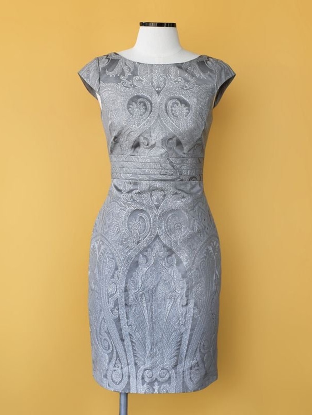 Tahari ASL Silver Brocade Cap-Sleeve Midi Dress
